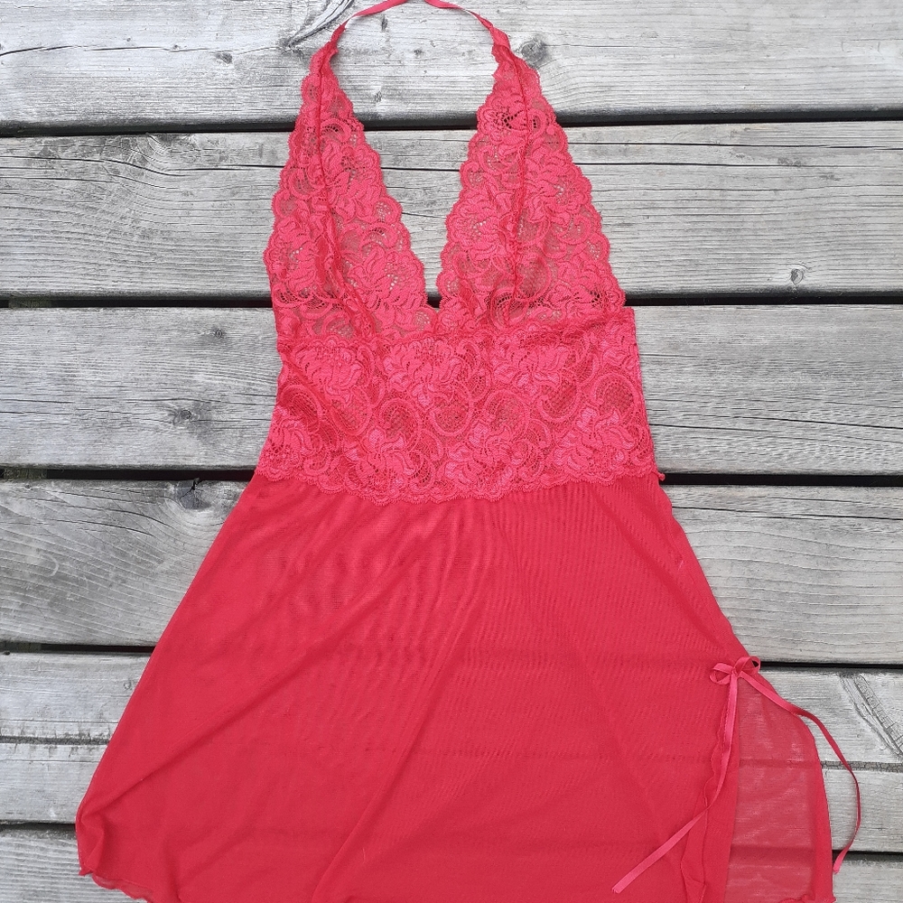 Red teddy lace and sheer tied in the neck